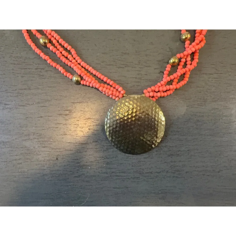 Vintage Multi Strand Coral Pink Seed Bead Hammered Gold Tone Pendant Necklace